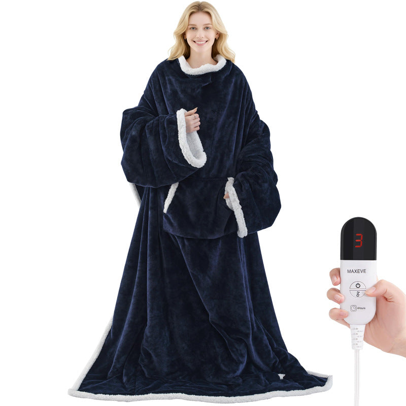 Woman in a long navy sleeved flannel blanket with sherpa cuffs, front pocket and controller cord