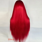 Back view of a long straight Neptune red synthetic wig labelled 20 inch