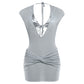 Top down view of the silver V neck backless bodycon mini dress laid flat