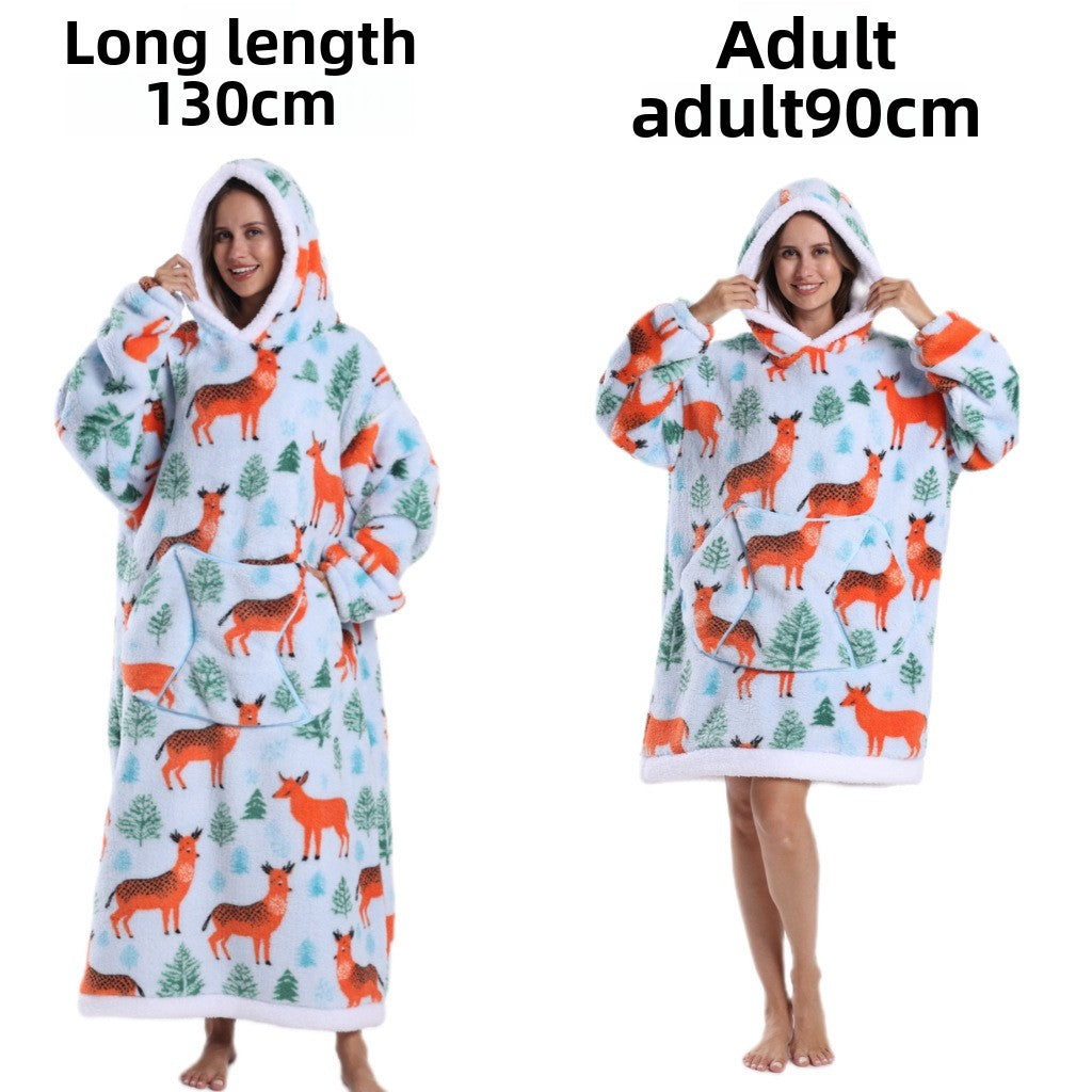 Forest Deer hooded fleece pullover, pale blue with deer and green tree prints, 130 cm extra long option