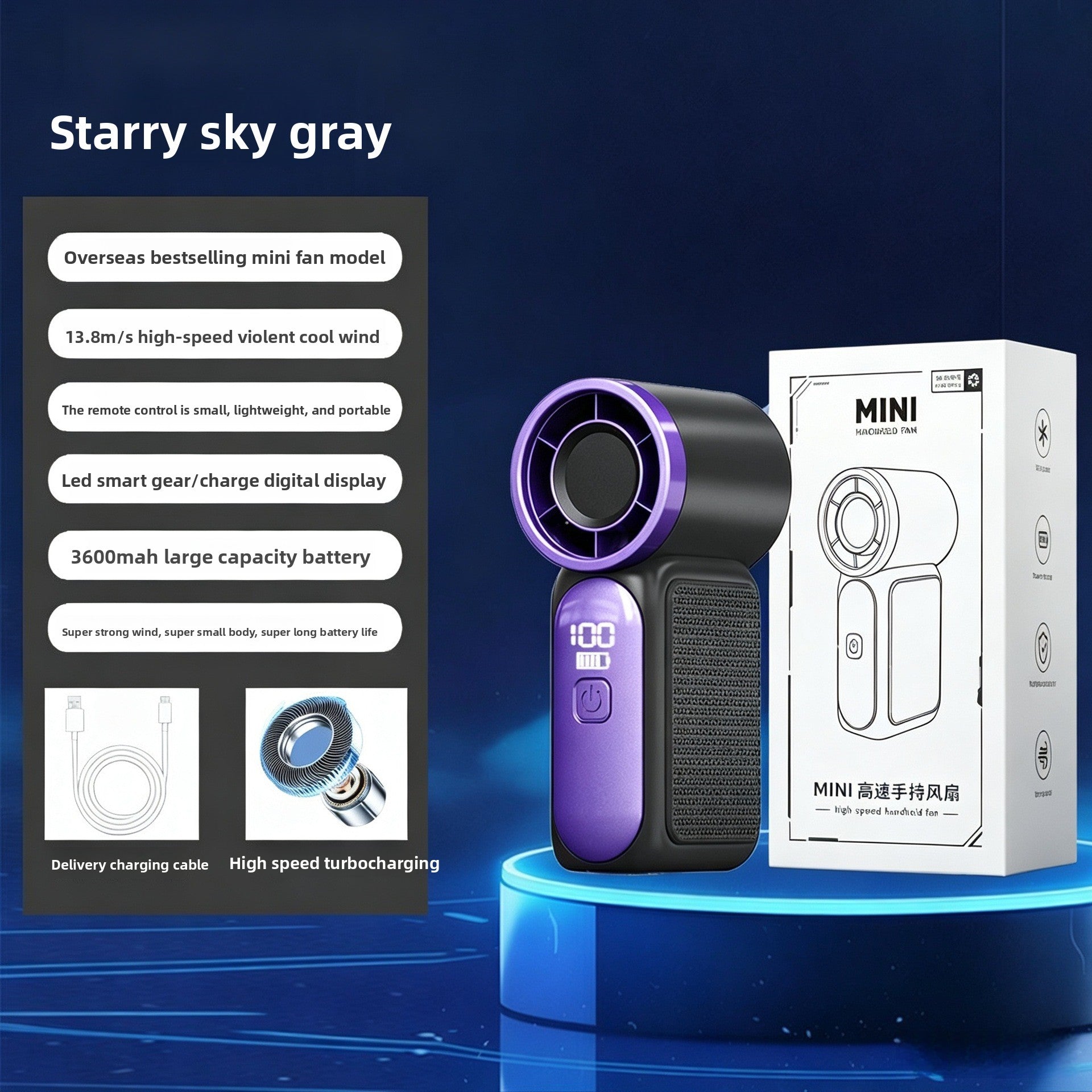 Dark grey handheld turbo fan next to its box and USB charging cable