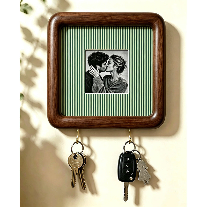 Option 15x15 Hook Style 3: dark wood wall photo frame with fine green striped backing and two key hooks