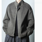 Men's brushed wool blend stand collar zip jacket, detail of the ribbed collar and zip pull