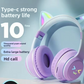 White and purple gradient cat ear headphones on a stand with lit ear tips