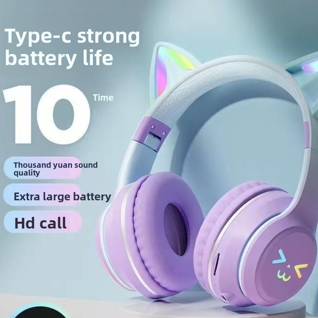 White and purple gradient cat ear headphones on a stand with lit ear tips