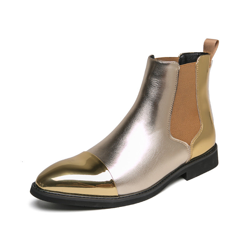 Single golden Chelsea ankle boot with mirror-gold cap toe, tan elastic panel and heel pull tab on white background
