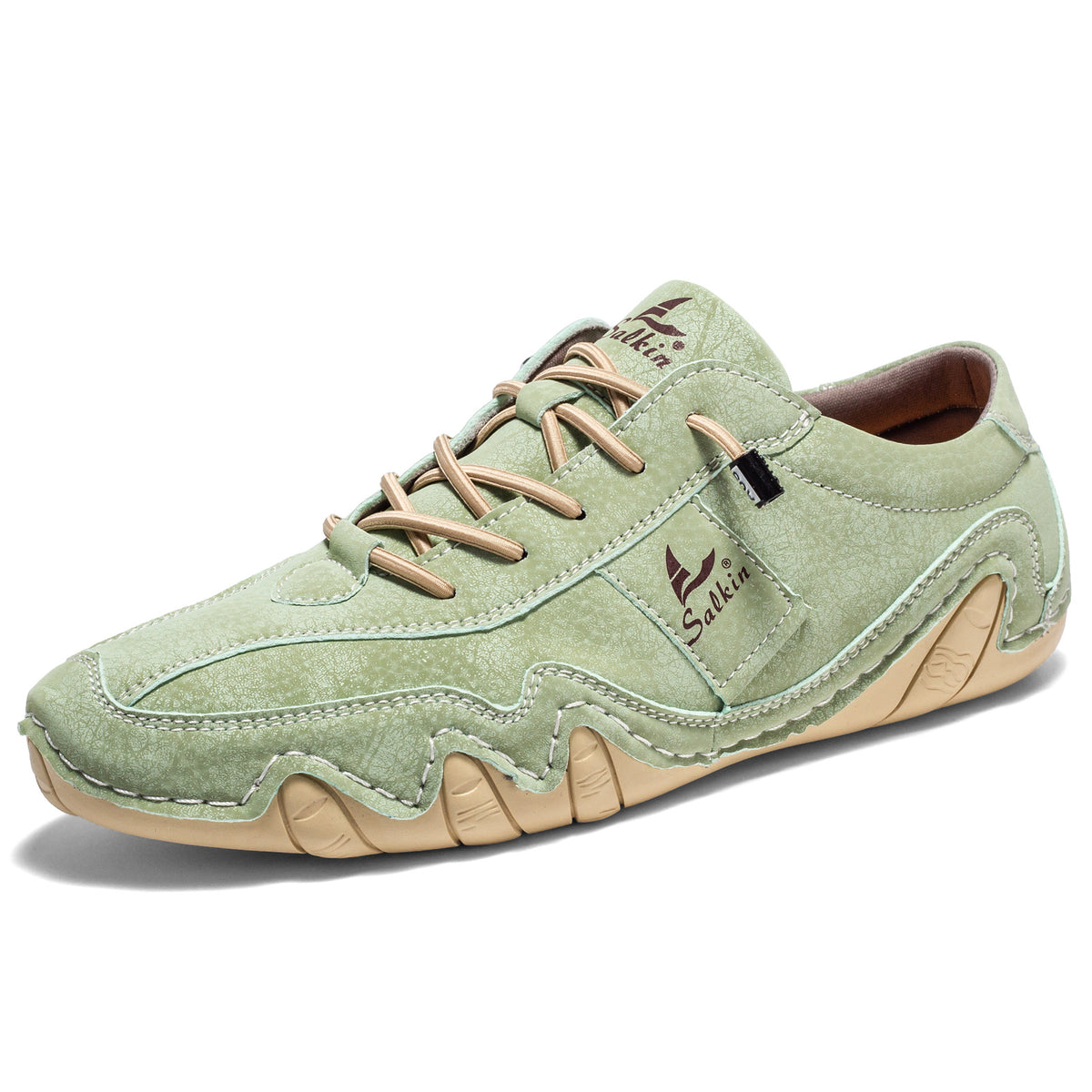 Light green microfiber low-top lace-up casual shoe with a wavy cream lug sole, three quarter view, size option 41
