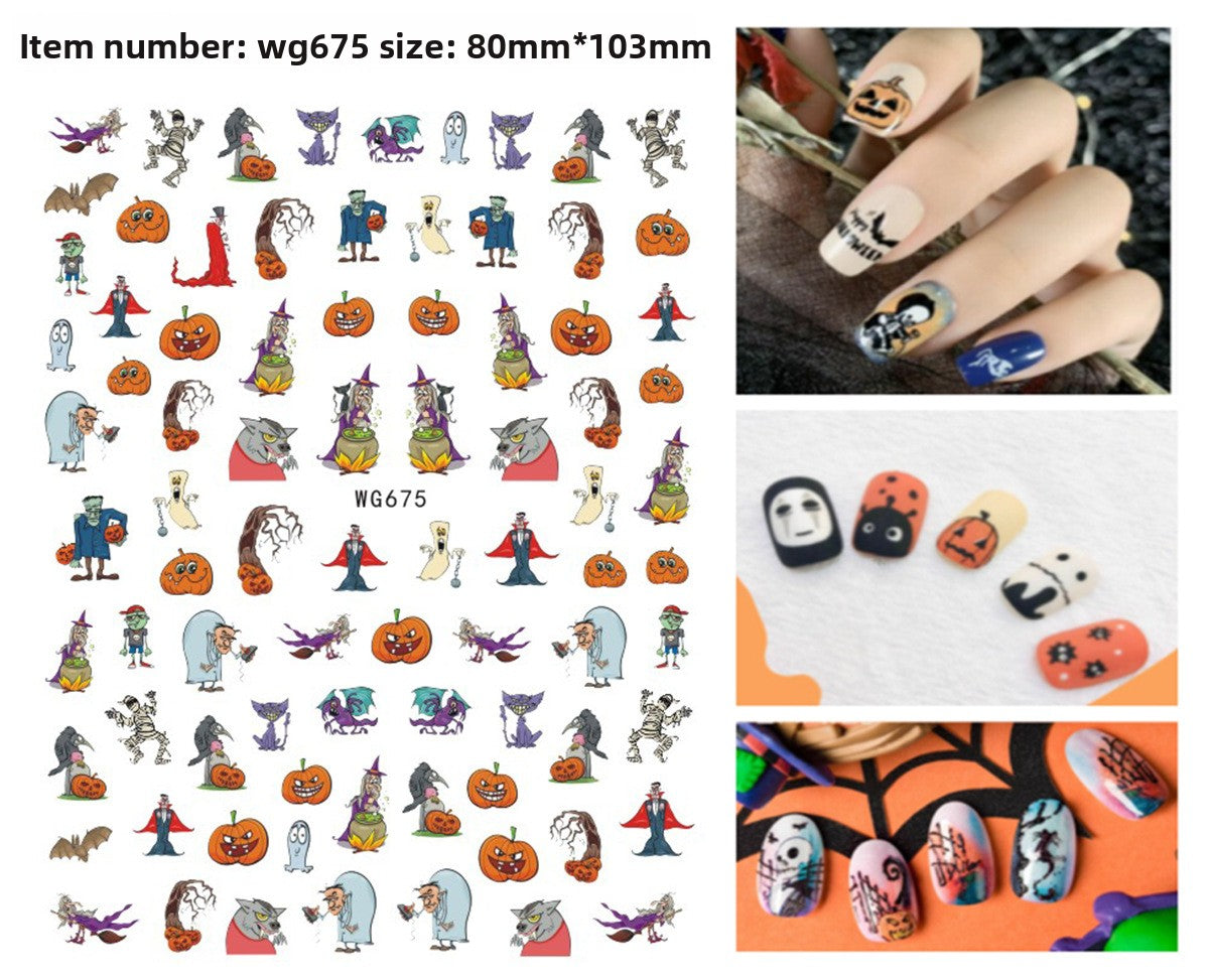 Self adhesive Halloween nail art stickers with pumpkin, skull and ghost designs
