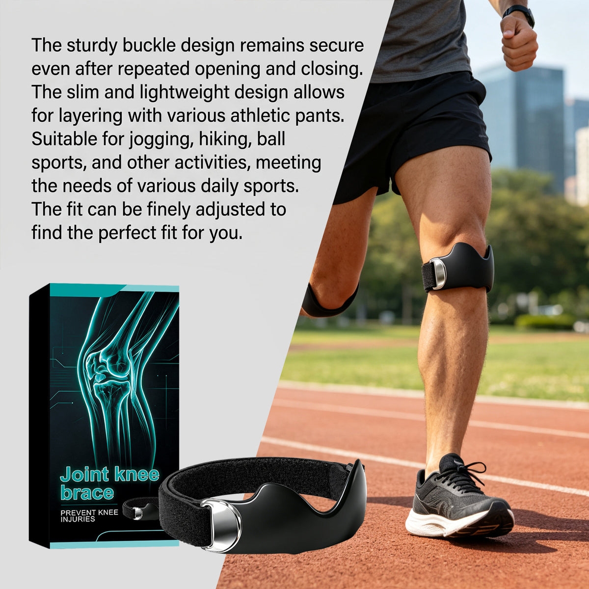 Black knee strap with sturdy buckle on a runner's leg beside a retail box on a running track
