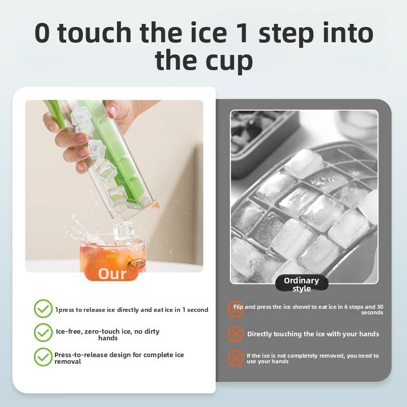 Hand pressing the orange handle of the clear tube ice tray, cubes releasing straight into a tall glass
