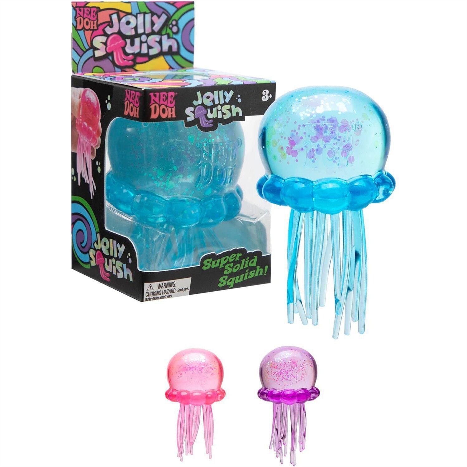 NeeDoh Jelly Squish blue jellyfish beside its box with pink and purple jellyfish toys shown