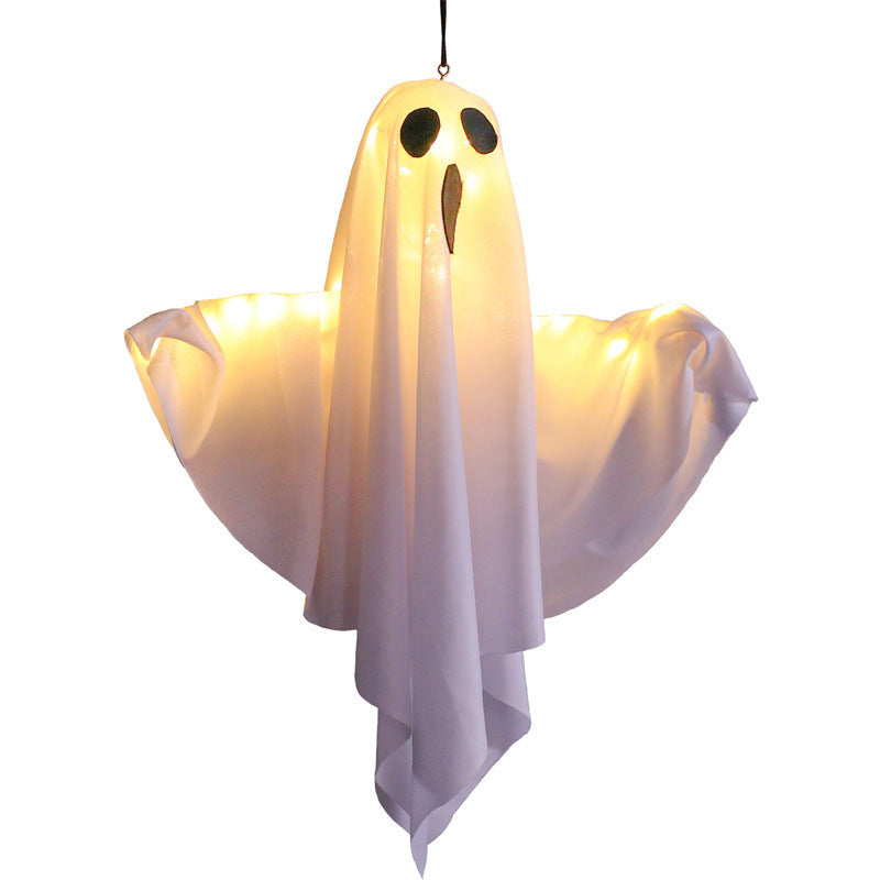 White ghost hanging lamp shown at 50 by 40 cm with warm white light and a button battery box