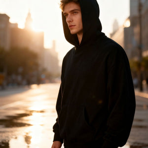 Man wearing an oversized black pullover hoodie with the hood up on a city street