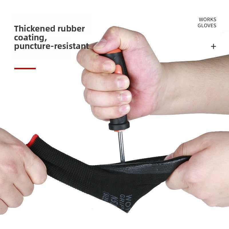 Hands stretching a black nitrile coated glove while another hand holds a screwdriver against the thick coating