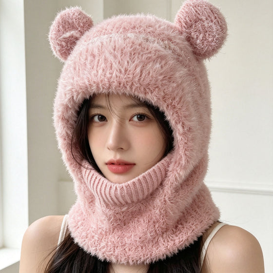 Fluffy Knit Bear Ear Balaclava Hood Hat