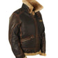 Brown vegan leather aviator bomber jacket with sherpa collar shown at full length