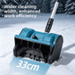 Close up of the blue snow blower scoop head in fresh snow with a 33 cm cleaning width label