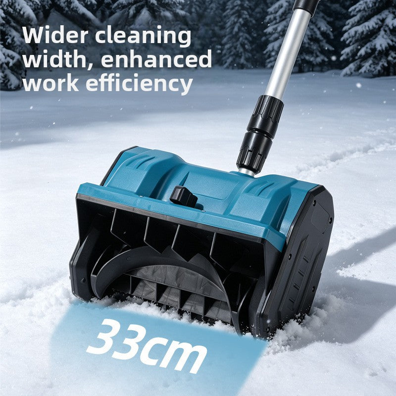 Close up of the blue snow blower scoop head in fresh snow with a 33 cm cleaning width label