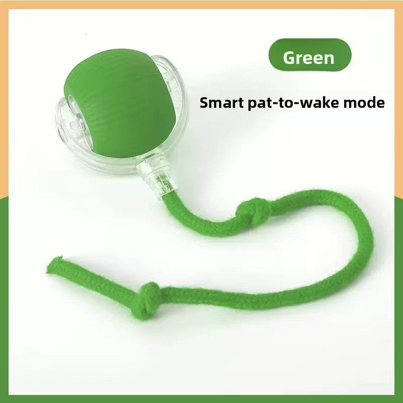 Green silicone rolling cat ball with a knotted rope tail, labelled with the pat to wake mode