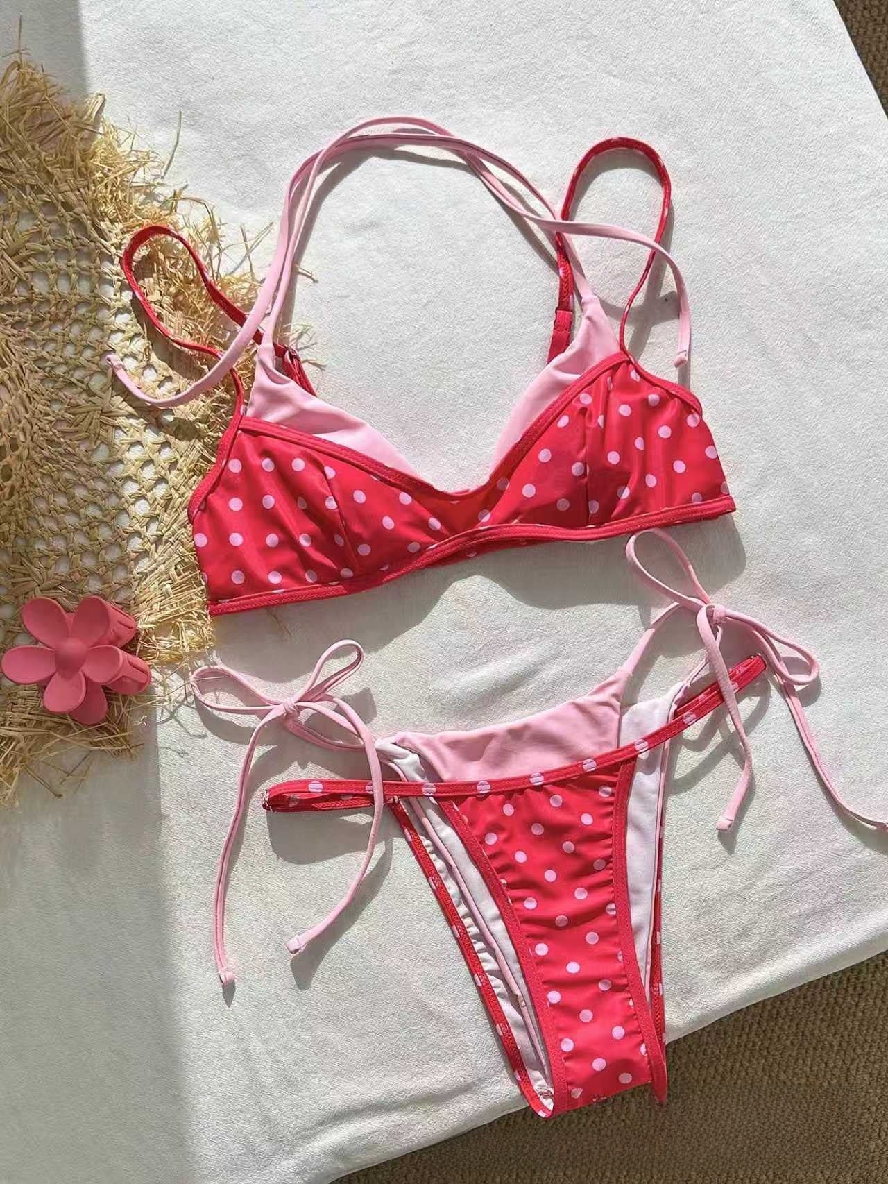 Brown ground polka dot bikini flat lay, blue dots and binding on the triangle top and brief