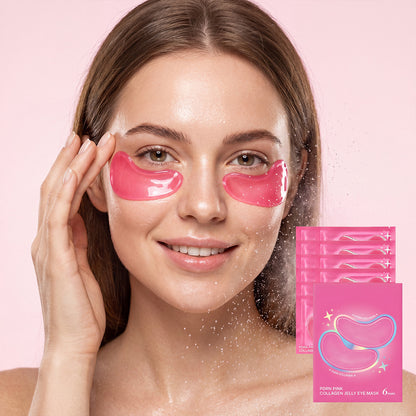 Model wearing pink collagen hydrogel under eye gel masks, with the six pair pack shown alongside