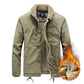 Olive green mens fleece lined cotton jacket shown open on a plain background
