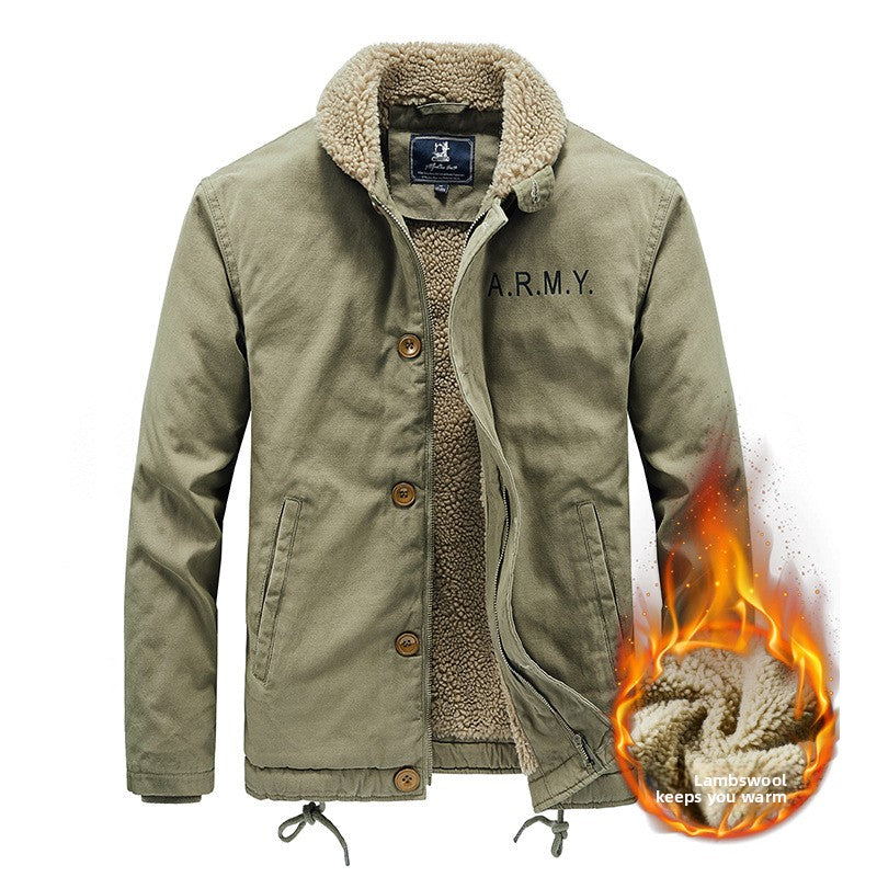 Olive green mens fleece lined cotton jacket shown open on a plain background