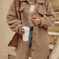Womens plush fleece button front long coat in black, shirt collar detail