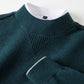 Dark Teal men's textured knit half turtleneck long sleeve top, collar and chest insert close-up, size 2XL