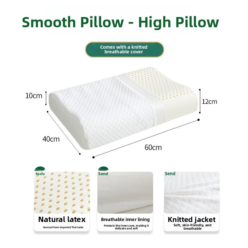 Diagram of the adult smooth latex pillow at 40 by 60 cm with natural latex and cover callouts