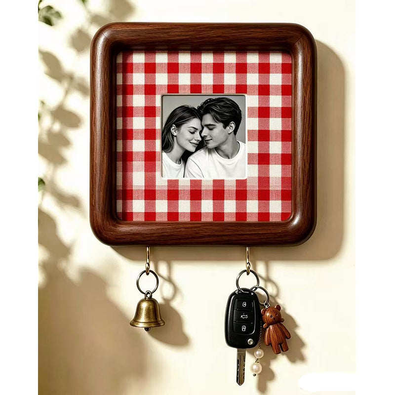 Option 15x15 Hook Style 9: dark wood wall photo frame with red and white gingham backing and two key hooks