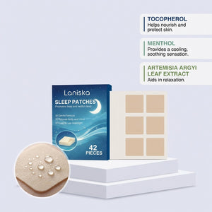 Laniska sleep patches box shown with cards of skin tone adhesive patches