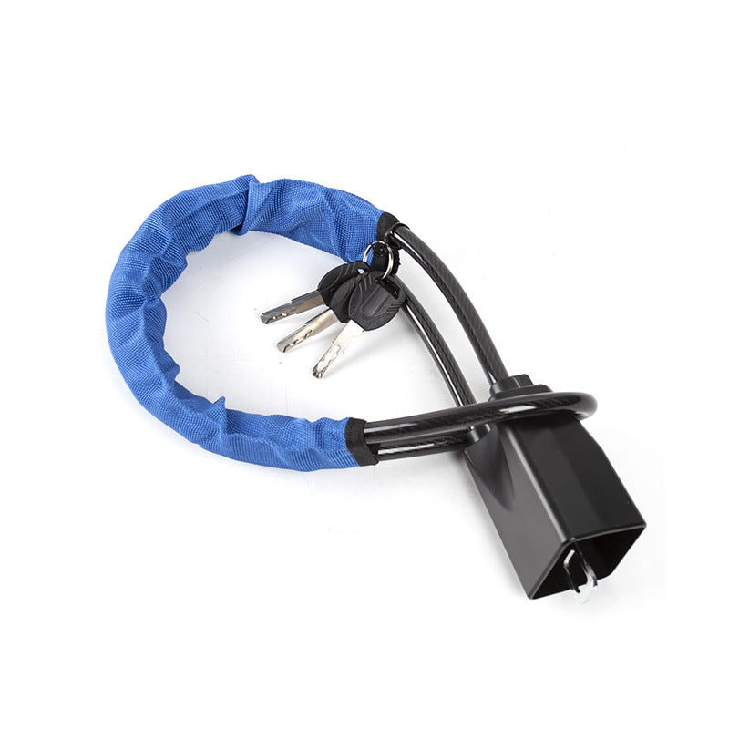 Blue sleeved cable steering wheel lock with three keys and the black lock body on white
