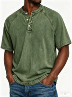 Washed denim henley shown in a packaging and presentation view