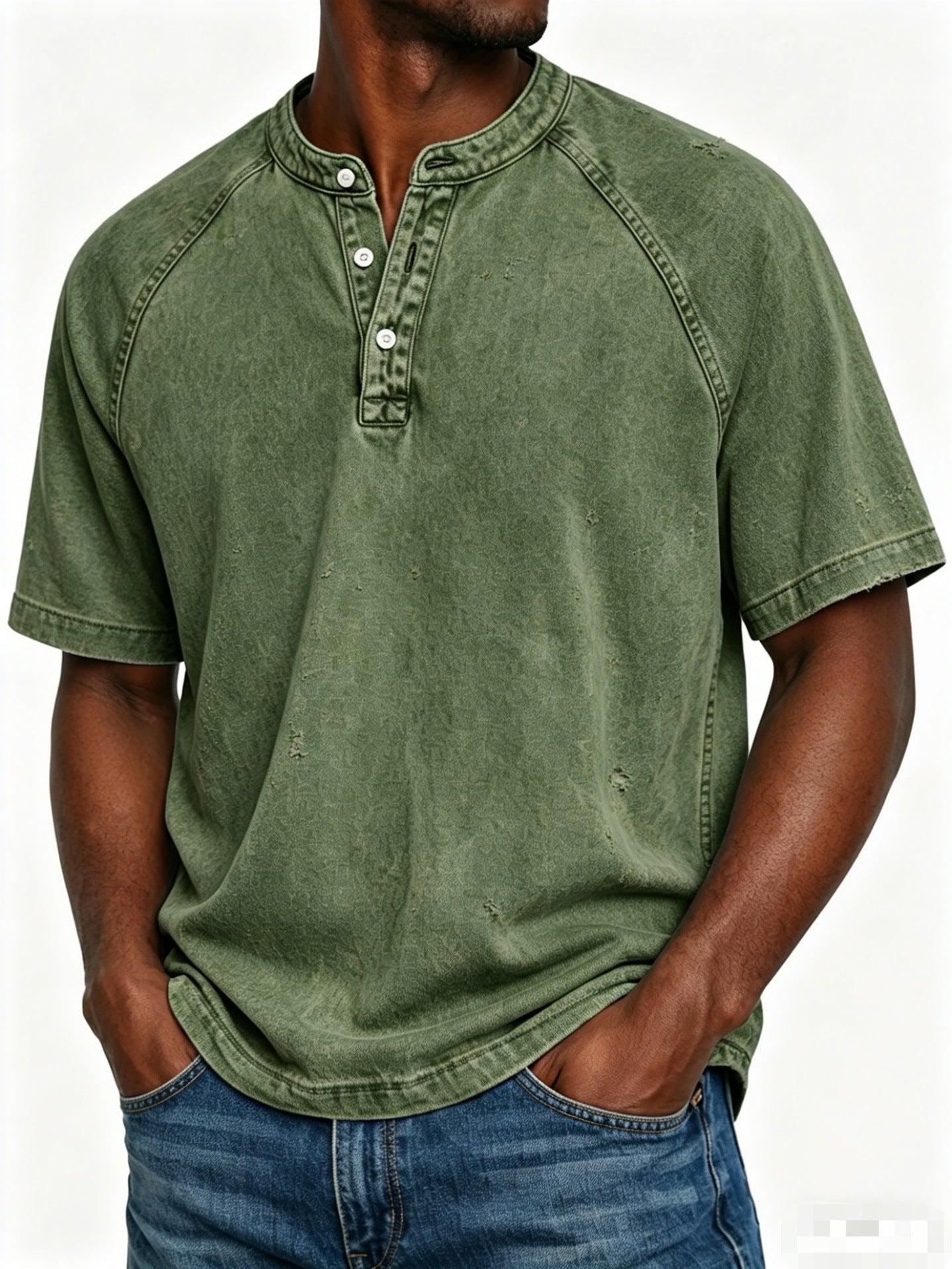 Washed denim henley shown in a packaging and presentation view