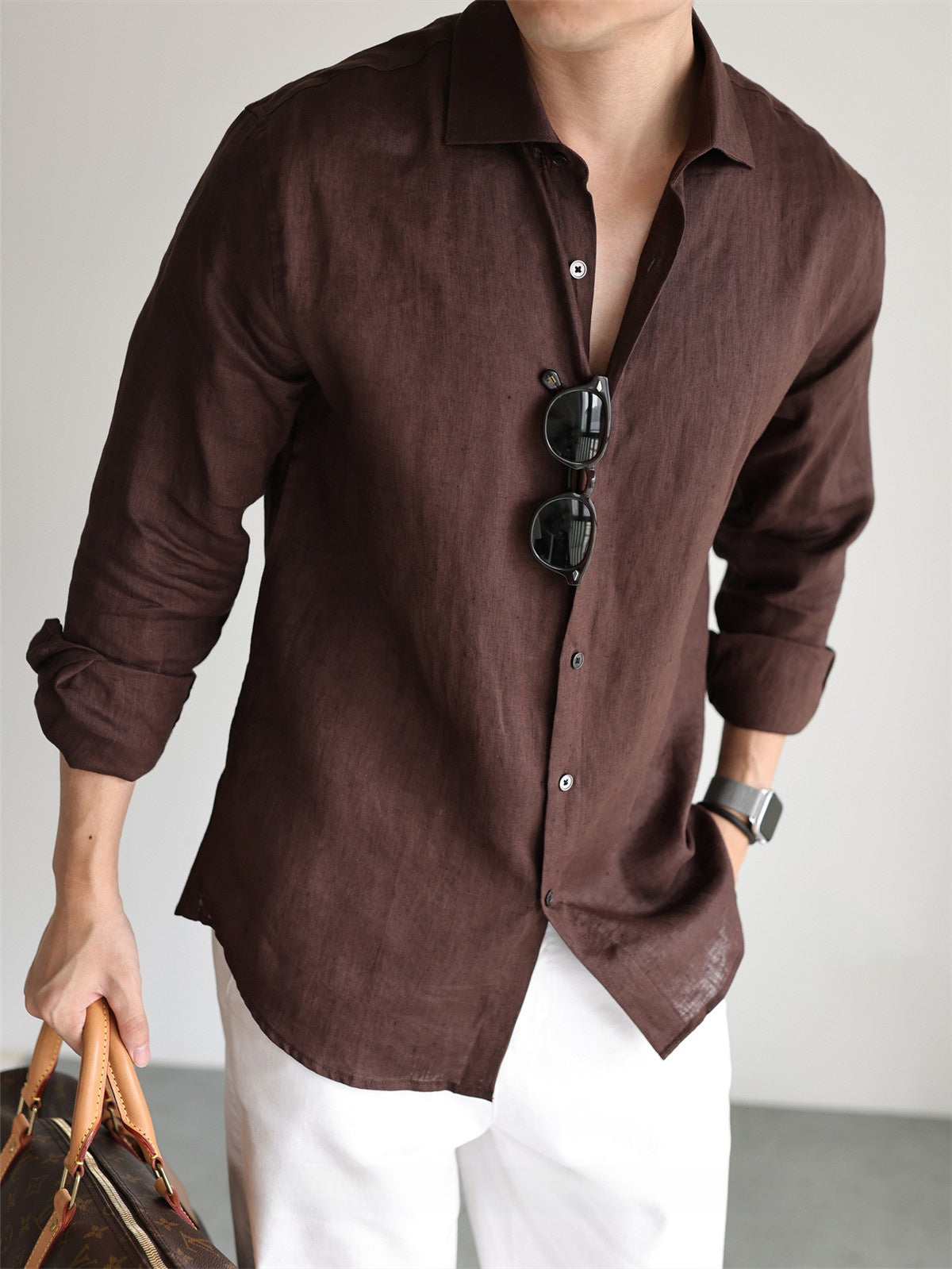 Men's pure linen long sleeve shirt in Deep Navy Blue, front view with full button placket