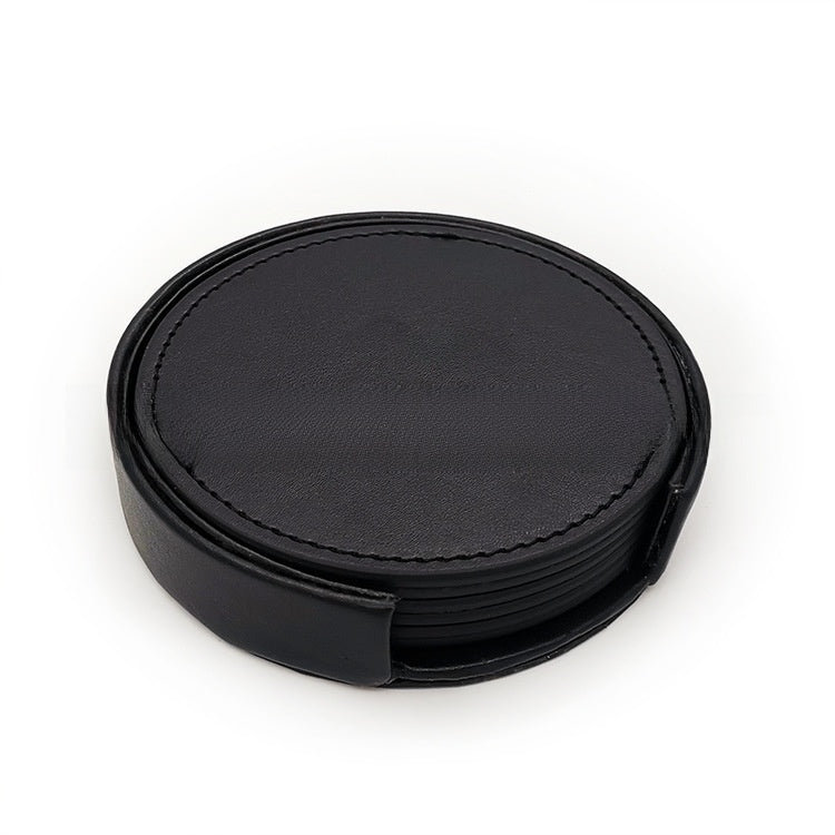 Black PU leather round coaster set with a matching holder