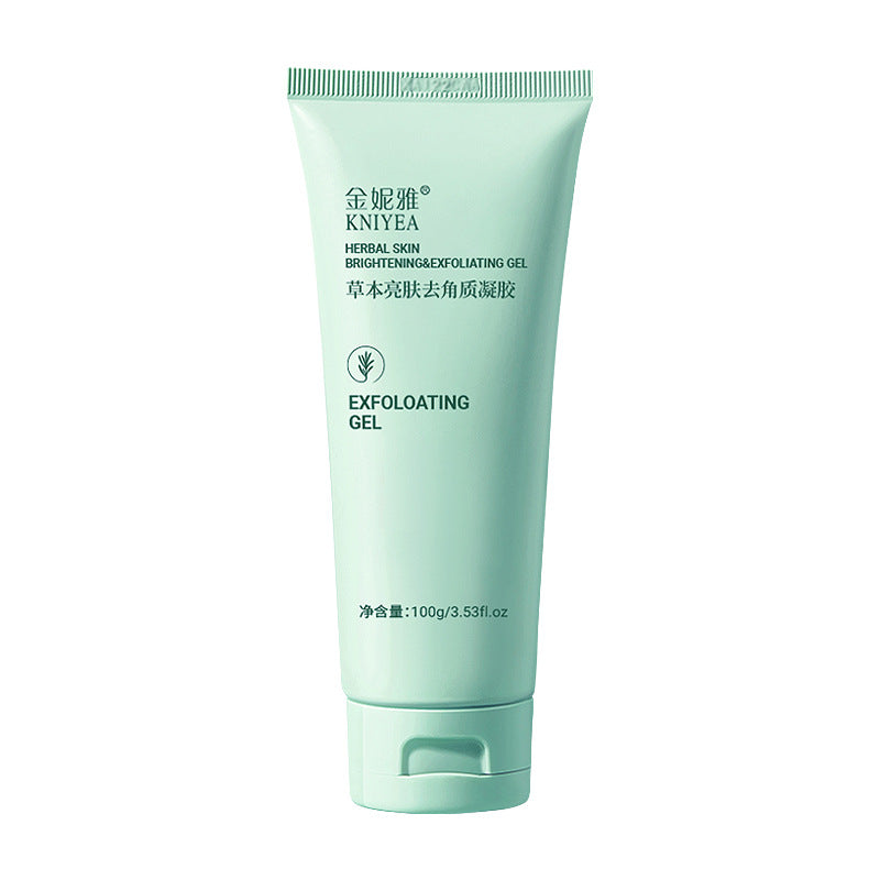 Pale green KNIYEA tube of herbal exfoliating gel, 100 g, standing upright on white