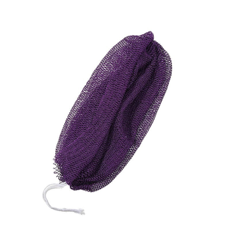 Long stretchy purple mesh back scrubber bath strip held between two hands