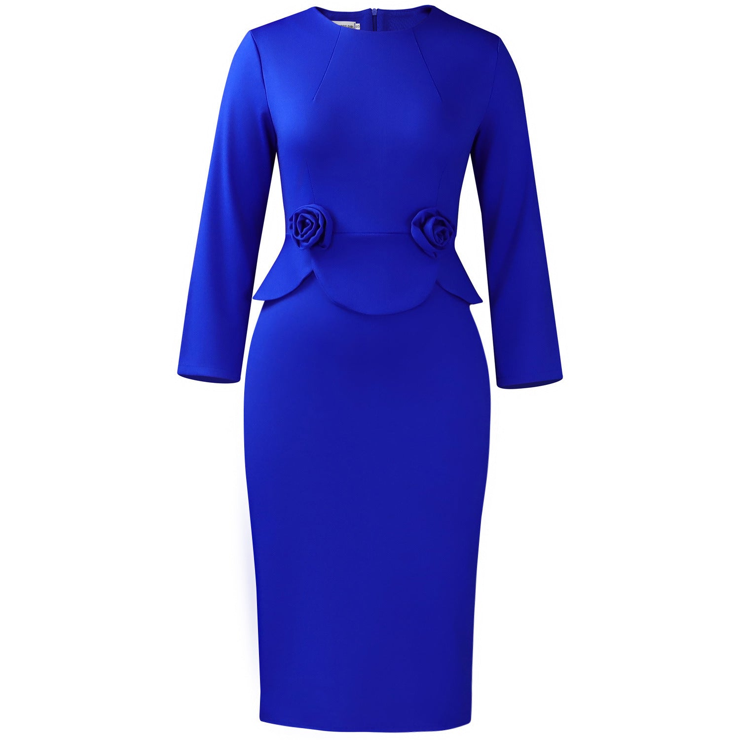 Royal blue peplum bodycon midi dress flat on white, sculpted roses at the waist, Royal blue