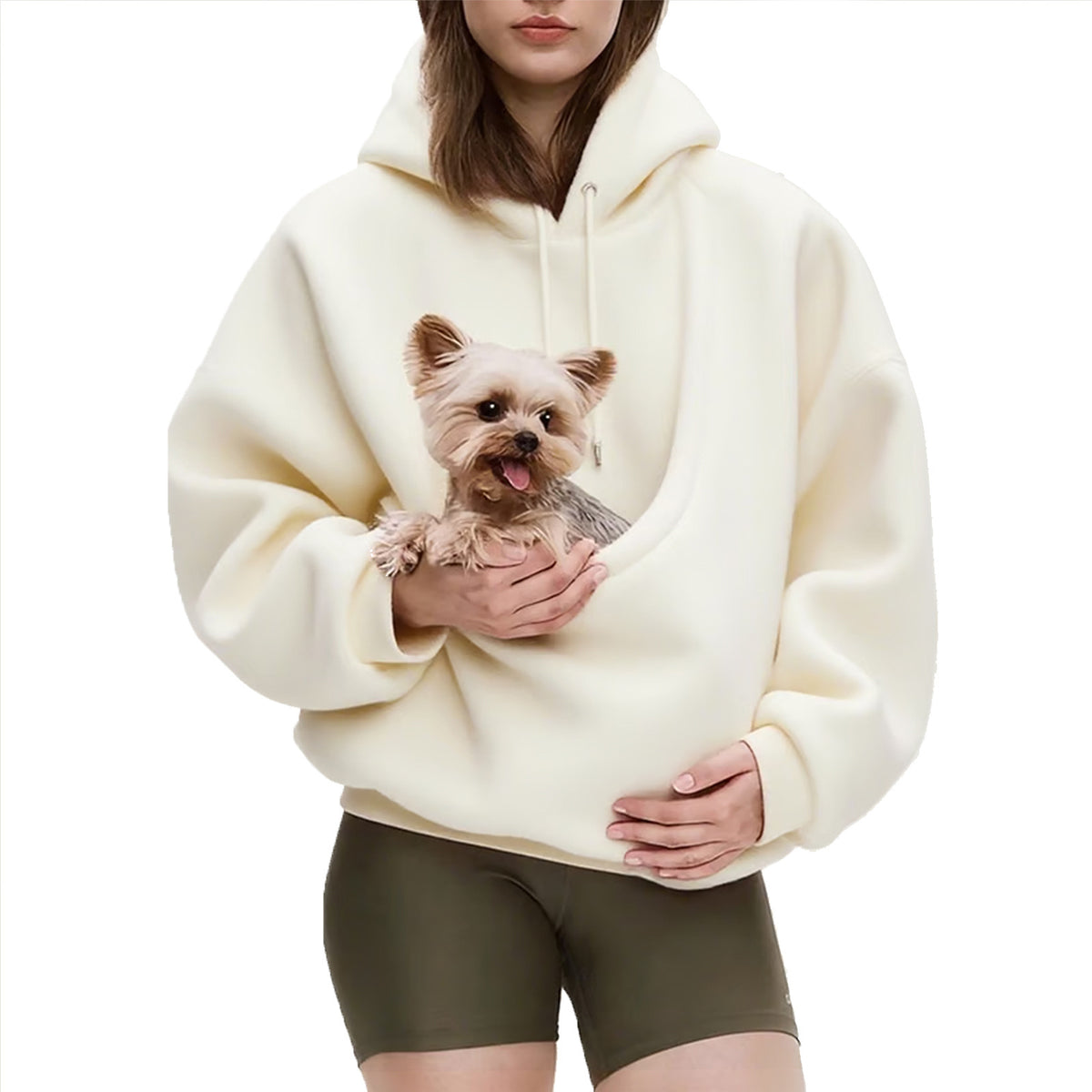 Close view of the plush fleece surface and drawstring hood on the light gray pet pouch sweatshirt