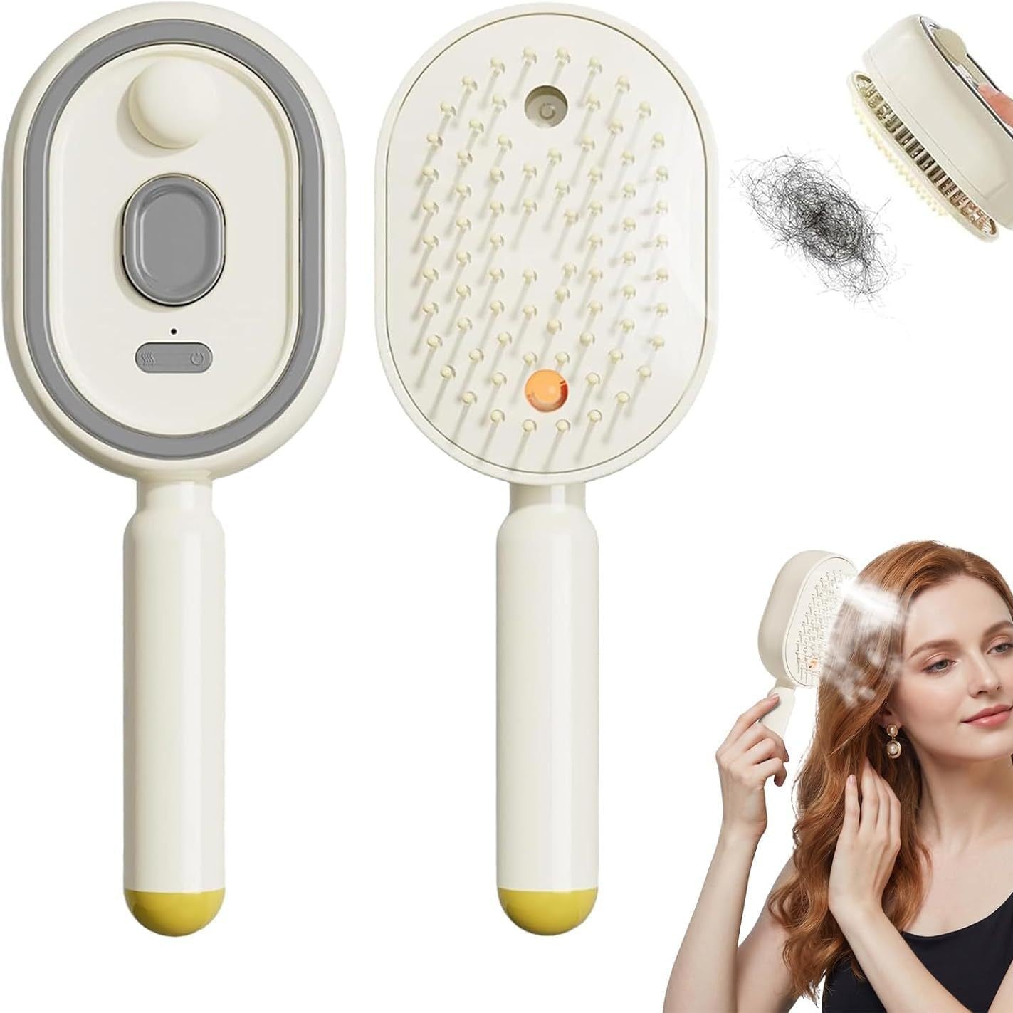 Off white electric mist spray massage hair brush front and back with air cushion base