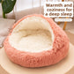 Grey plush shell pet nest shown from the front with the open entry and cream inside