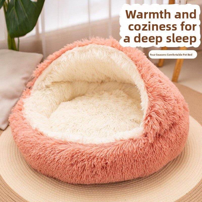 Grey plush shell pet nest shown from the front with the open entry and cream inside