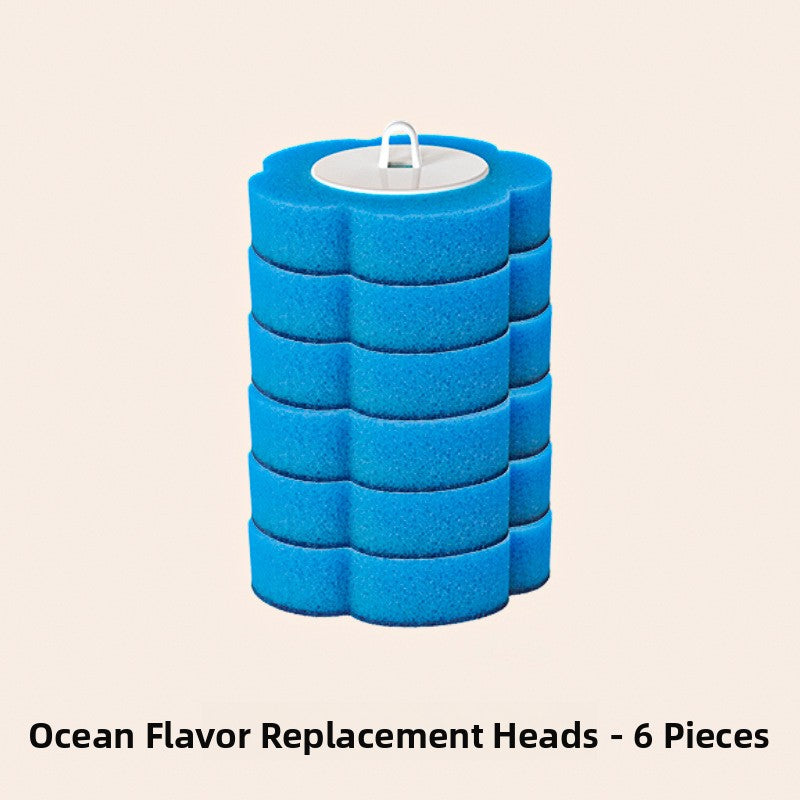 Stack of six blue flower shaped ocean scent replacement sponge heads with a ring pull on top