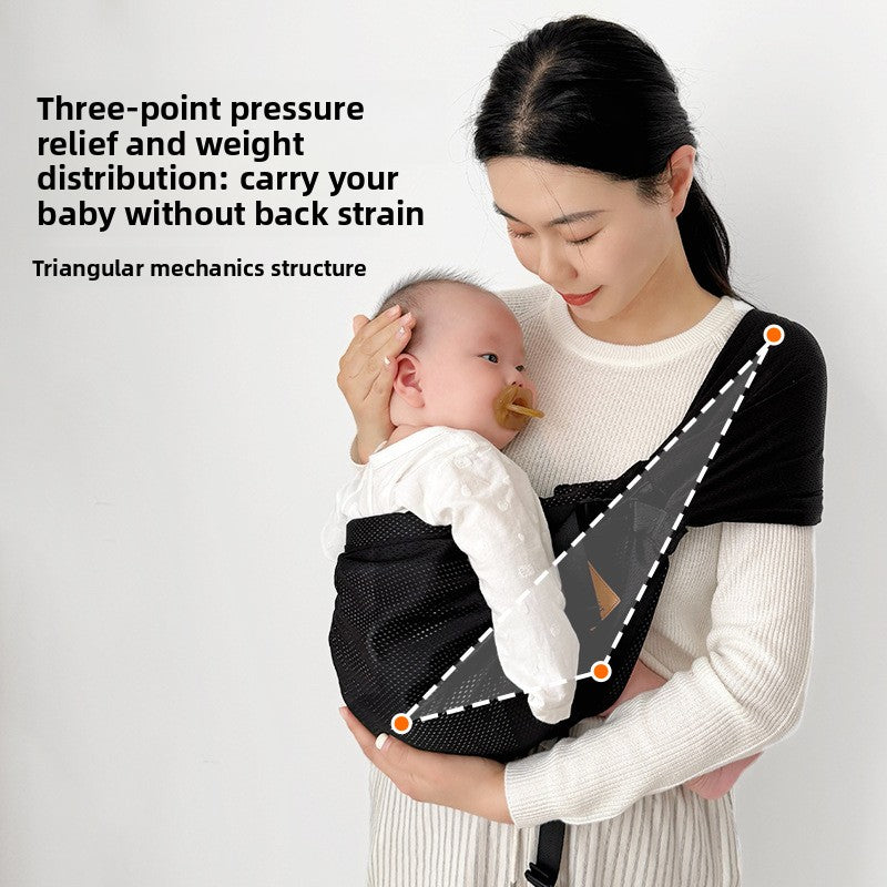 Parent carrying a baby cross body in the one shoulder mesh sling carrier