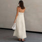 Rear view of khaki tube maxi dress showing elastic shirred back panel