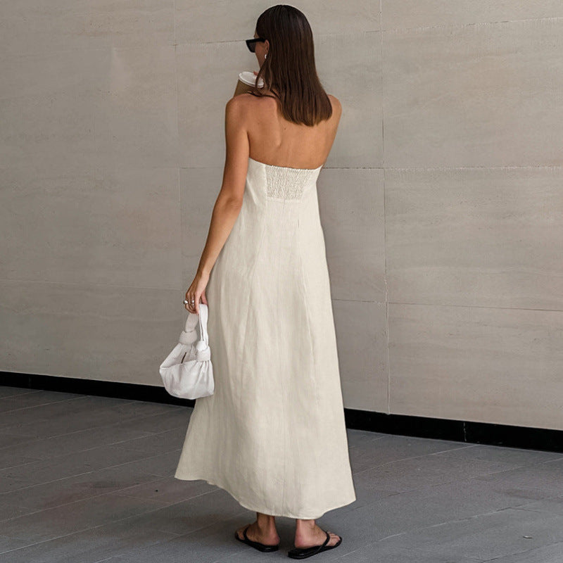 Rear view of khaki tube maxi dress showing elastic shirred back panel