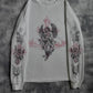 White polyester fleece zip hoodie showing the gothic bandage and thin serif slogan print