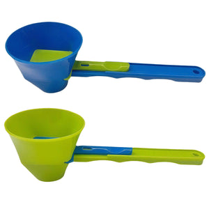 Two funnel measuring scoops in blue and green with a sliding leveler bar